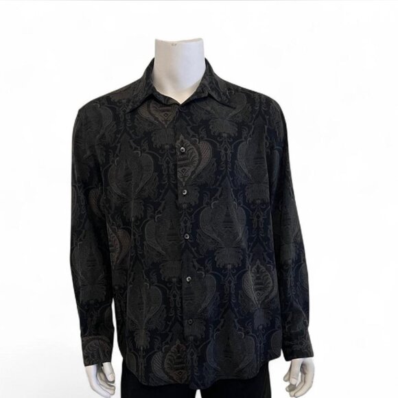 Mondo Di Marco 90s Silk Cotton Damask Shirt L Black Baroque Pattern Vintage - Picture 2 of 7
